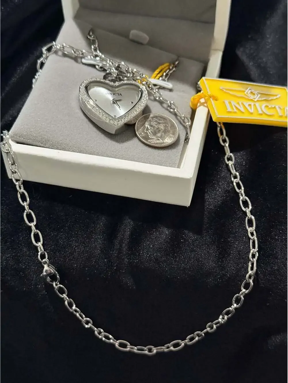 Invicta Heart-Shaped Silver Tone Pendant Watch with Chain